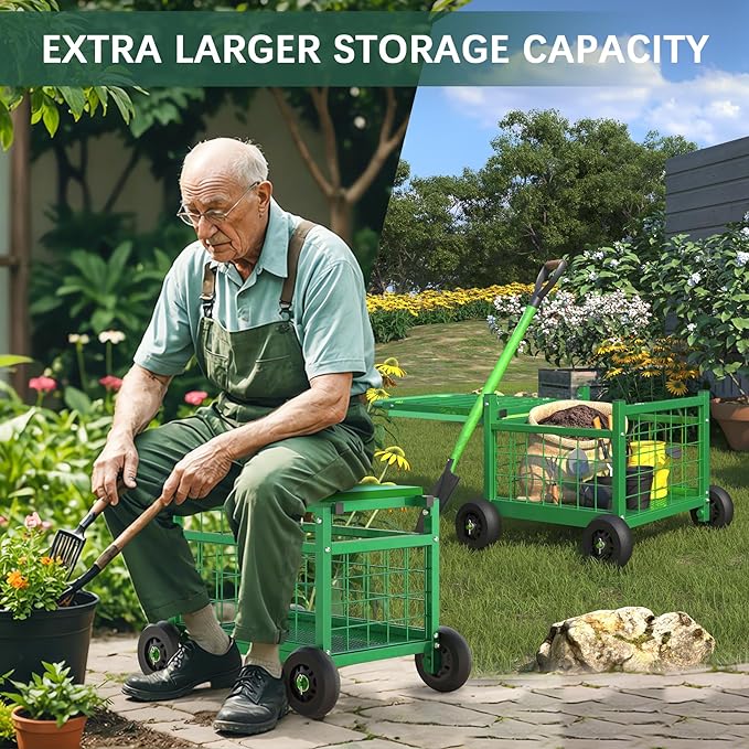 FLINTER Rolling Garden Work Seat with Wheels, Upgraded Heavy Duty Gardenning Cart with Seat - Garden Rolling Stools with Wheels for Seniors, Lawn, Patio & Backyard Gardening, Green