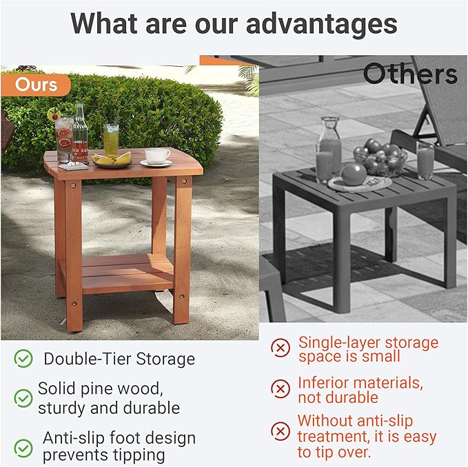 2-Tier Adirondack Side Table 17" with Double Shelf, Easy Assembly Solid Wood End Table,Outdoor & Indoor Small Table for Living Room,Patio, Poolside, Porch - Weather Resistant Walnut