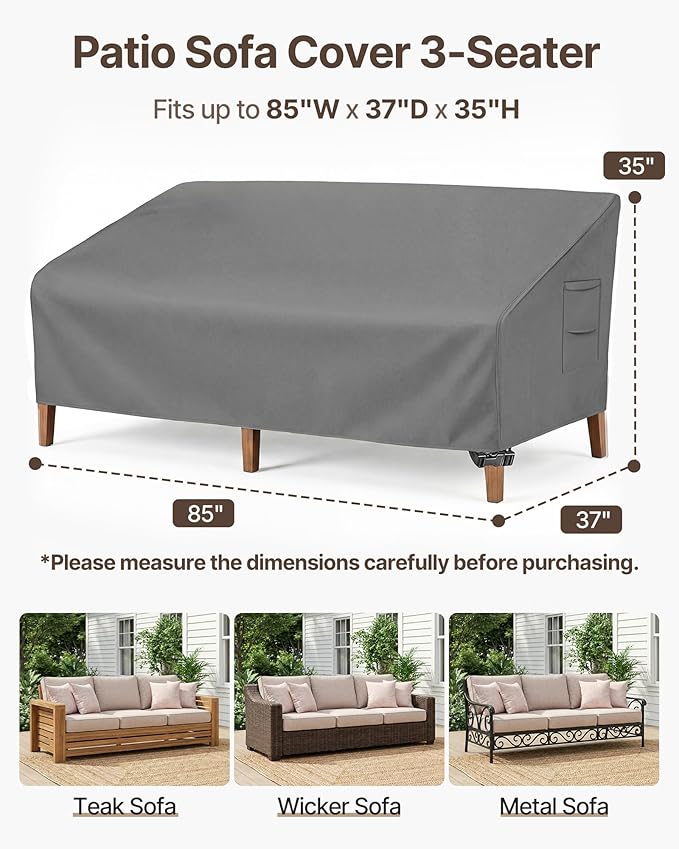 Vailge Heavy Duty Patio Sofa Cover, 100% Waterproof 3-Seater Outdoor Sofa Cover,Lawn Patio Furniture Covers with Air Vent and Handle,85" Wx 37" Dx 35" H,Grey