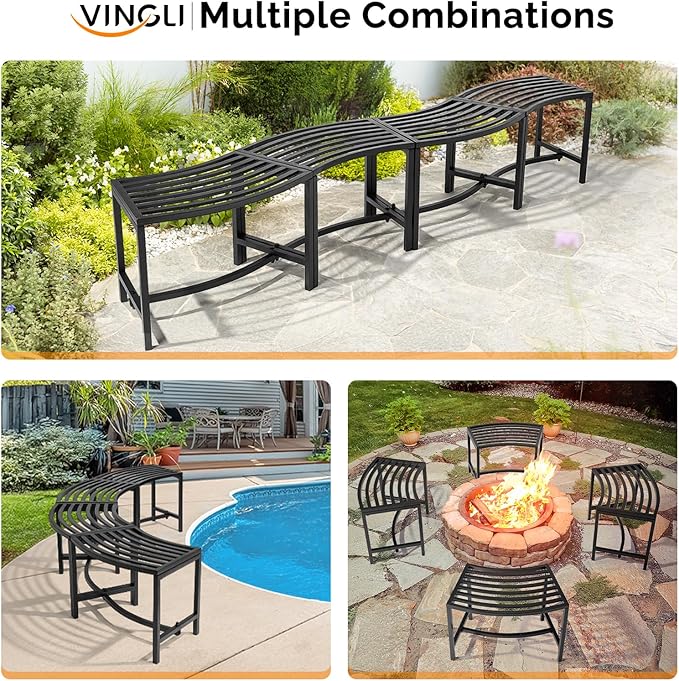 VINGLI Outdoor Metal Curved Bench, Weatherproof Fire Pit Bench Set of 4, Heavy Duty Steel Backless Benches, Metal Outside Seating for Garden, Patio, Plant Stand and Holder