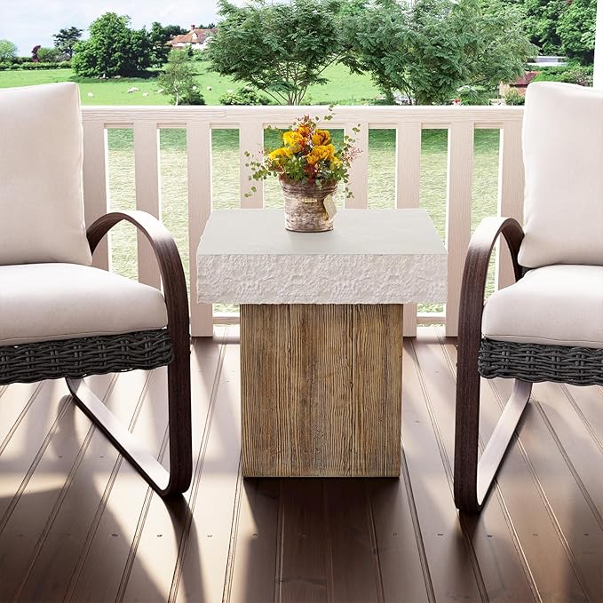 COSIEST Outdoor Medium Side Table, Patio Coffee Table, 19.7 inches Square MgO End Stool with Faux Wooden Pedestal Base,for Patio, Garden, Backyard, Antique Beige