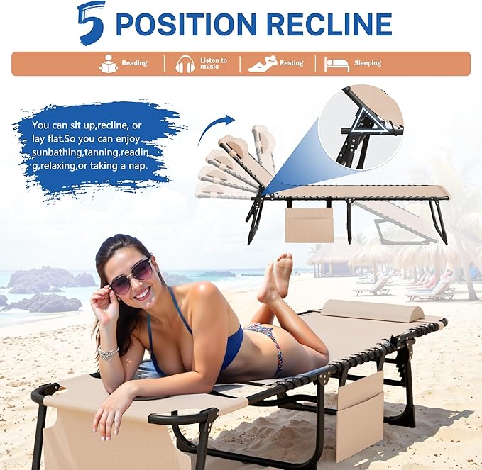 Devoko Beach Lounge Chair, Outdoor Sun Tanning Chair with Face Hole, Heavy Duty Folding Portable Lay Chaise Lounge Chairs for Outside Beach Pool Camping Patio, Beige