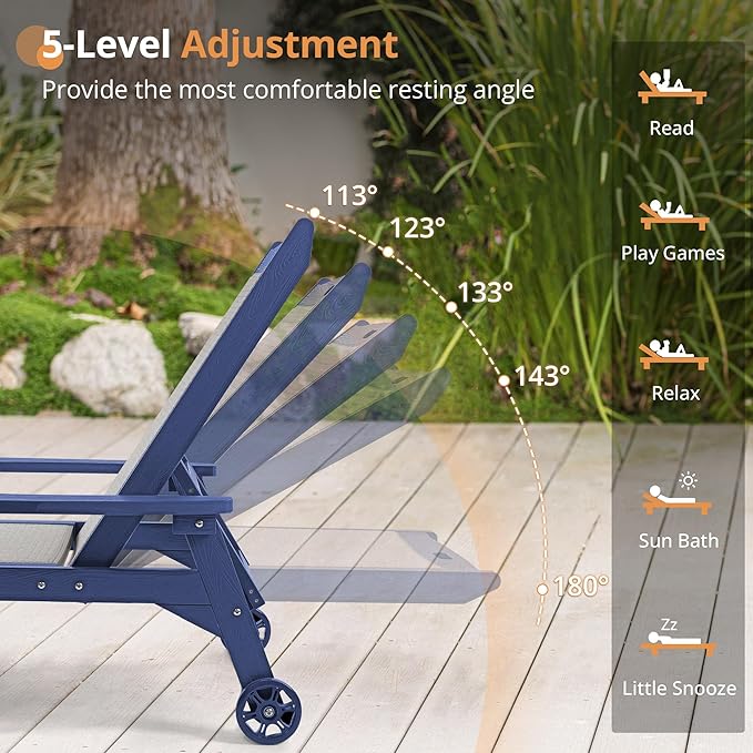 LUE BONA Chaise Lounge Chair Outdoor,HDPS and HDPE Wicker Material, Patio Lounge Chair with Adjustable Backrest, Resin Pool Lounge Chairs with Wheels for Backyard, Poolside and Deck,Navy