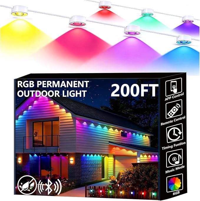 Permanent Outdoor Lights, 200ft Smart Eave Lights with RGB LED Light, IP67 Waterproof, App Control, DIY RGB Light for House Halloween Decorations