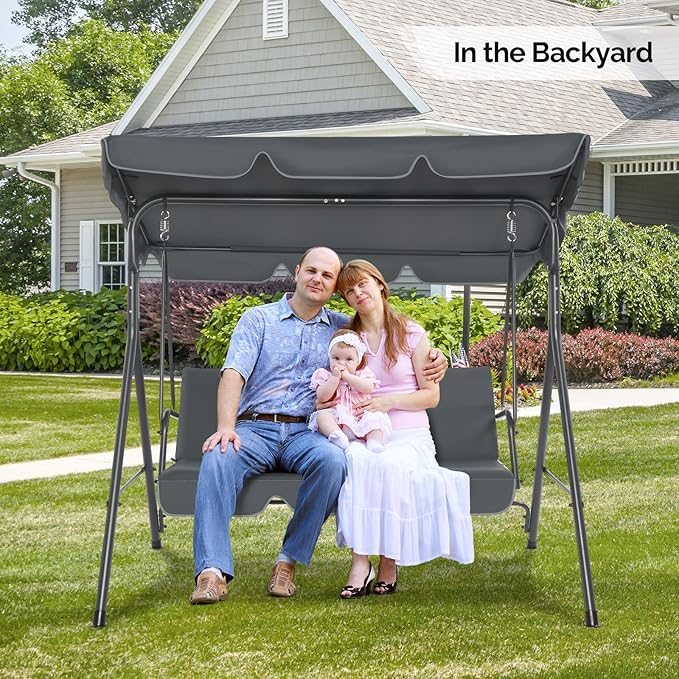 VINGLI Heavy Duty 550 LBS Upgraded 2 Person Outdoor Porch Swing with Stand, Adjustable Canopy Swing with Cushions & Steel Frame for Yard, Pool, Lawn, Indoors (Grey)