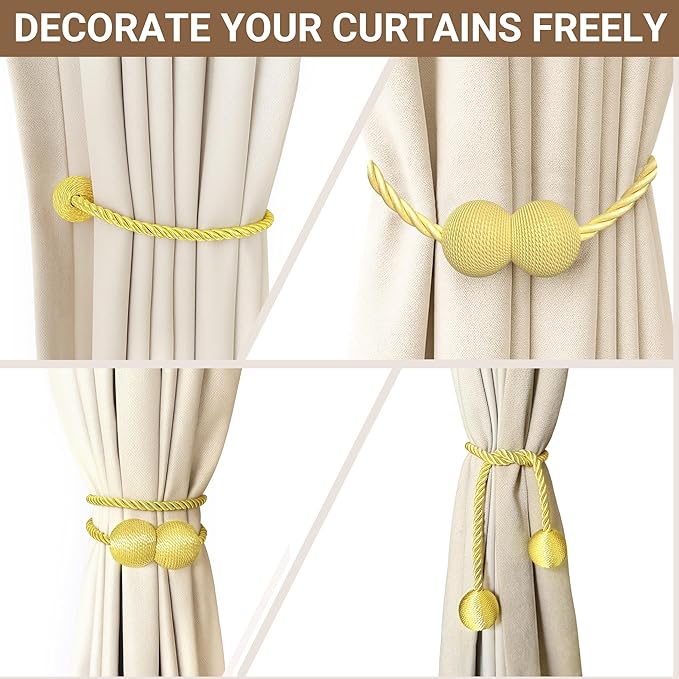 Hion Magnetic Curtain Tiebacks Golden 2pcs, Curtain Tiebacks Buckles Holdbacks Holders Hooks Clip for Home Bedroom Office Decorative Curtain