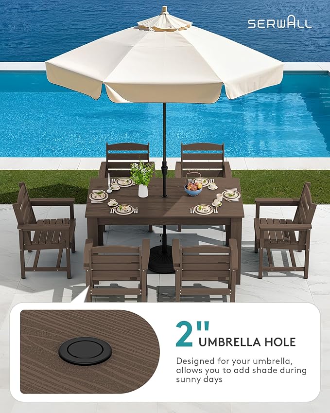 SERWALL Outdoor Dining Sets for 6, HDPE Dining Sets with 1 Umbrella Hole Cut-Out Rectangular Table and 4 Armless Chairs and 2 Armchairs, Patio Dining Sets, Coffee