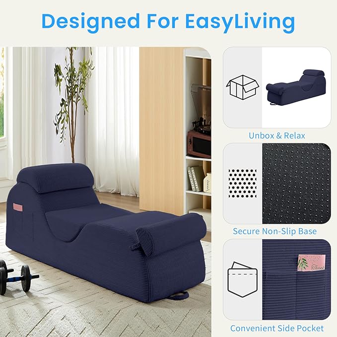 ijuicy 25" Wide Corduroy Yoga Chair, Yoga Lounge Chair for Adults, Chaise Lounge Chair Indoor/Yoga Lounger with Headrest, Waist Cushion, Movable Footrest, Side Pockets, High Density Sponge-Blue