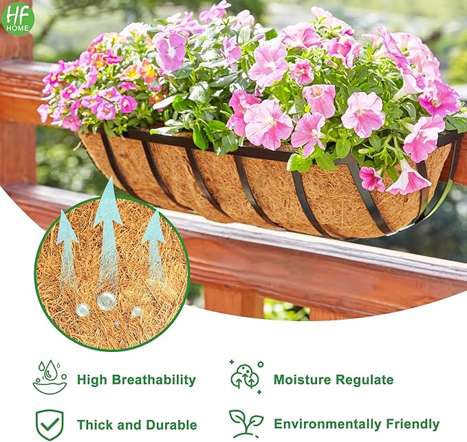 HFHOME 30" Window Box Deck Railing Planter with Horse Trough Coco Liners, Black Metal Hanging Flower Planters Baskets for Indoor, Outdoor, Balcony, Porch, Fence, Patio, and Lawn (Set of 4)