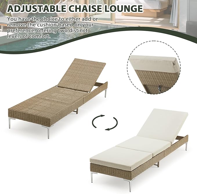 HOMREST Outdoor Chaise Lounge Chair Set of 2, Patio Wicker Lounge Chairs with Adjustable Backrest, Rattan Pool Sunbathing Chaiser with Removable Cushion (Khaki)