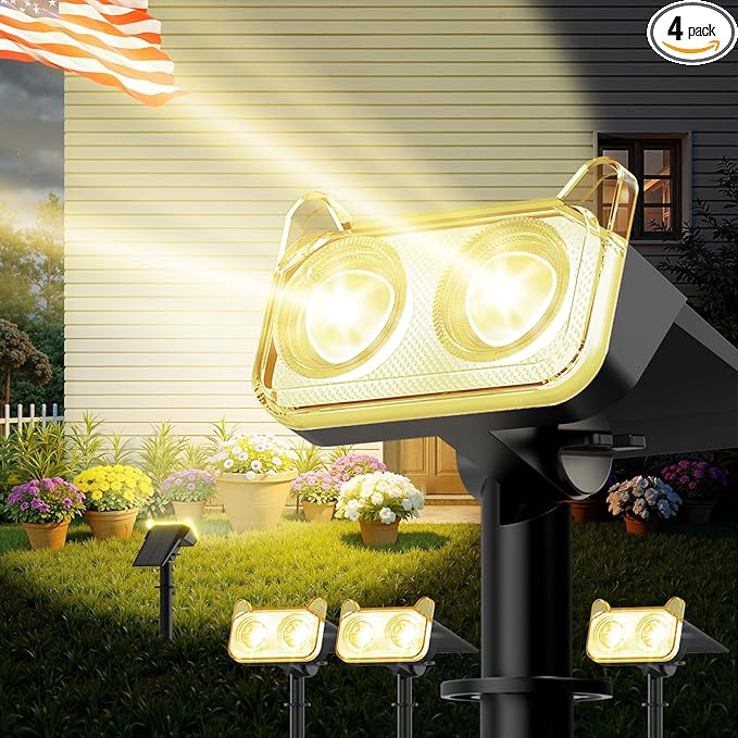 WdtPro Solar Lights Outdoor Waterproof, Solar Spot Lights Outdoor with Optical Lens, Auto ON/Off, 30H+ Runtime, Landscape Spotlights for Flag Yard Path Garden Tree, Warm White 4 Pack