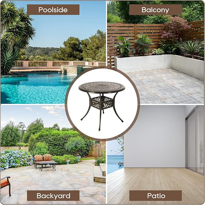 Patio Dining Table,Cast Aluminum Patio Tables with Umbrella Hole, Outdoor Bistro Table for Backyard, Garden, Patio (35" Round Table)