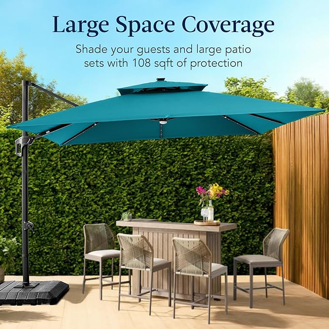 Best Choice Products 9x12ft LED Cantilever Patio Umbrella w/Base Included & 360° Rotation, Large Solar Offset Hanging Outdoor Sun Shade for Deck, Backyard Table w/Stand & Lights – Cerulean