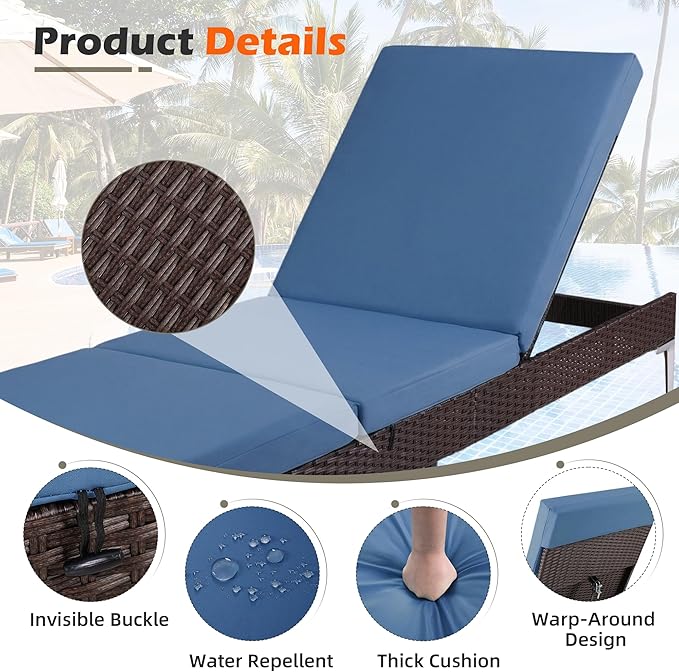 HOMREST Outdoor Lounge Chairs Set of 4, Patio Wicker Chaise Lounge with Removable Cushion, Rattan Pool Sunbathing Recliners with Adjustable Backrest (Navy Blue)