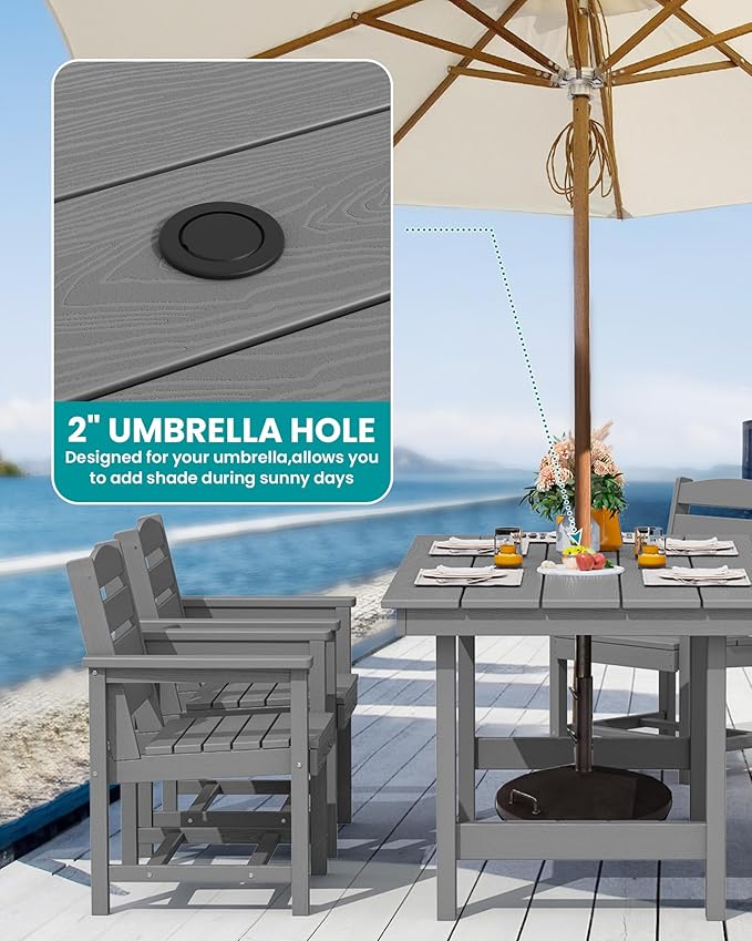 SERWALL 8-Piece Patio Dining Sets with 15FT Double Side Patio Umbrella, Outdoor HDPE Dining Furniture Set with Umbrella Hole Cut-Out Table and 6 Chairs, Gray（Umbreall Base not Included）