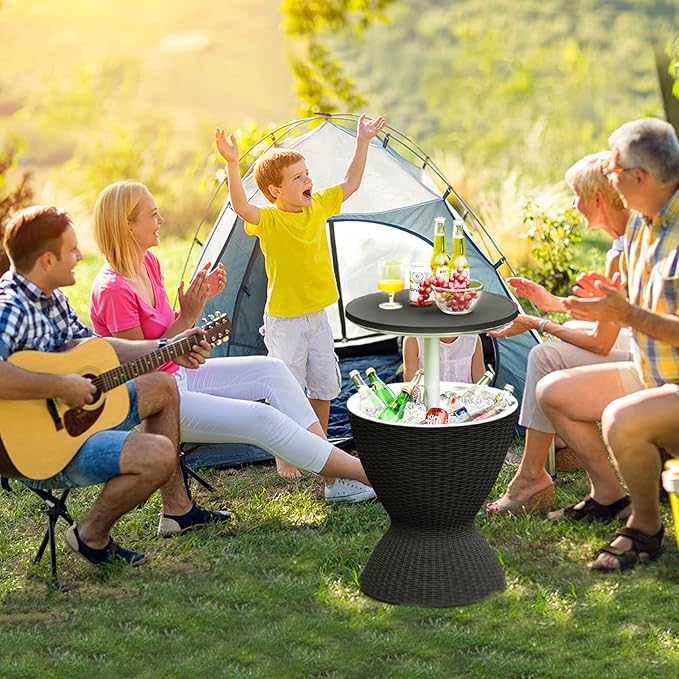 Tangkula Outdoor Cool Bar Table, Rattan Patio 8 Gallon Beer and Wine Cooler, All-Weather Ice Bucket w/Height Adjustable Top, Drainage Plug, 3-in-1 Cocktail Coffee Table for Party, Picnic (Black)