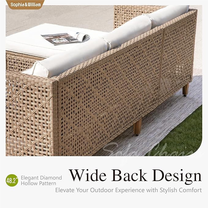 Sophia and William 5-Piece Wicker Patio Furniture Set, L-Shaped Outdoor Sectional Sofas with Ottoman and Acacia Wood Coffee Table, Rattan Conversation Set wtih Cushions, Beige