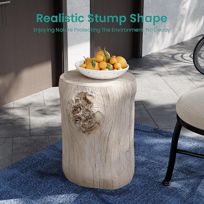 SUNBURY Outdoor Side Table Set of 2, Tree Stump Side Table Antique Beige Colored Faux Wood, End Table Wood Stump Stool, Ottoman or Plant Stand, Deck or Garden
