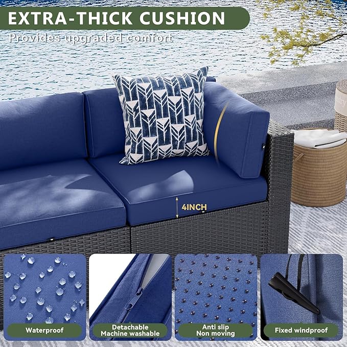 Aoxun 15 Piece Patio Furniture Set with 44” Fire Pit Table, Wicker Rattan Patio Sectional Sofa, Outdoor Furniture Set with Thickened Cushion, Blue