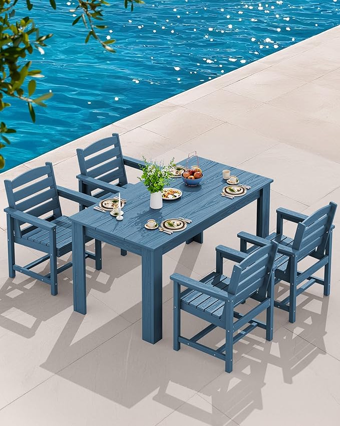 SERWALL HDPE Dining Set for 4, Outdoor Dining Sets for 4 Person with 1 Umbrella Hole Cut-Out Rectangular Table and 4 Chairs, Patio Dining Sets Blue