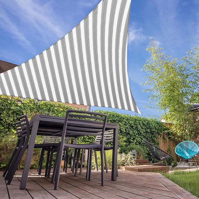 E&K Sunrise 5' x 5' x 5' Sun Shade Sail Triangle Canopy Shade Cover UV Block for Patio Backyard Garden Outdoor (Gray White Strip)