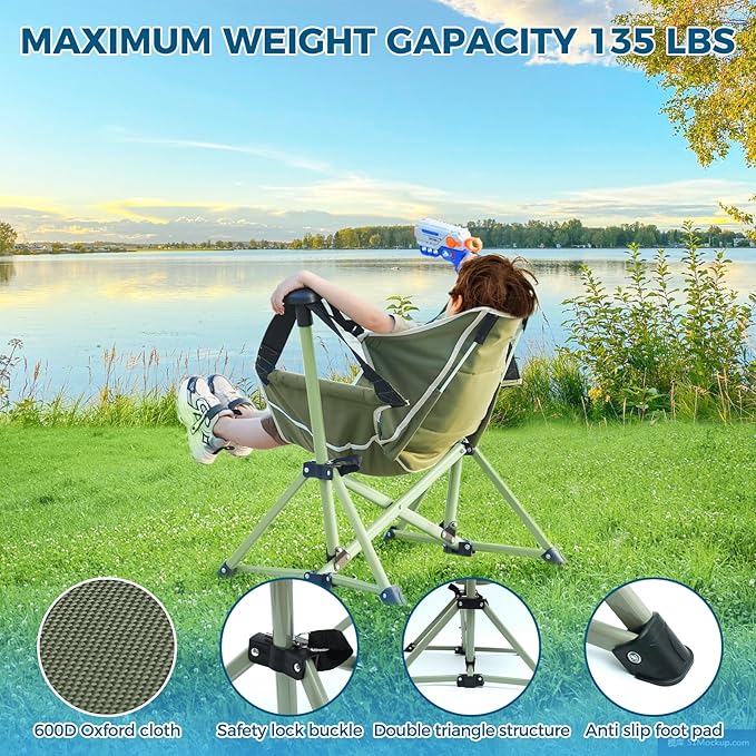 Kids Hammock Chair,Adjustable Kids Camping Chair,Folding Chair with Stand,Portable Hammock Chair for Camping, Travelling and Patio,Green,Supports 135 LBS