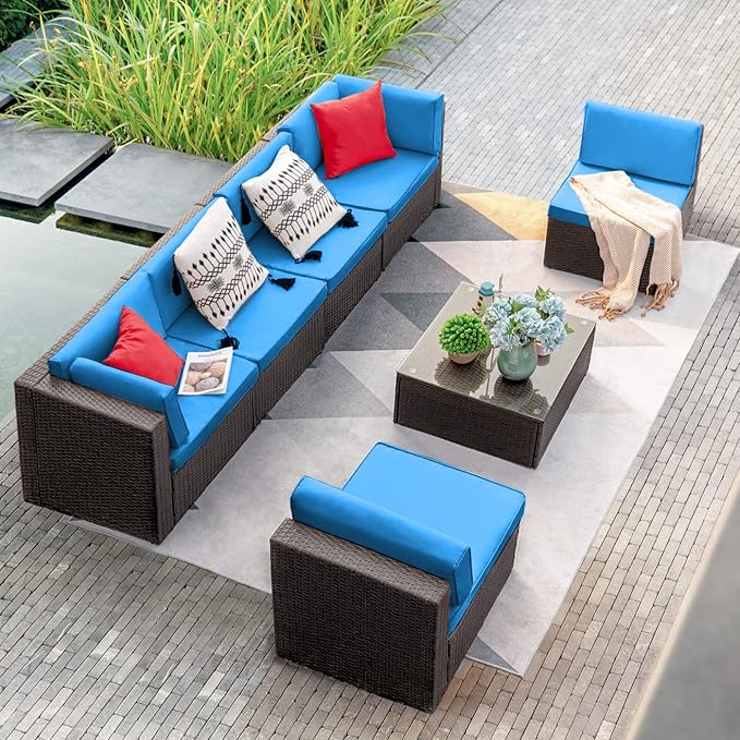 Devoko 7 Pieces Outdoor Sectional Sofa Patio Furniture Sets Manual Weaving Wicker Rattan Patio Conversation Sets with Cushion and Glass Table (Blue)