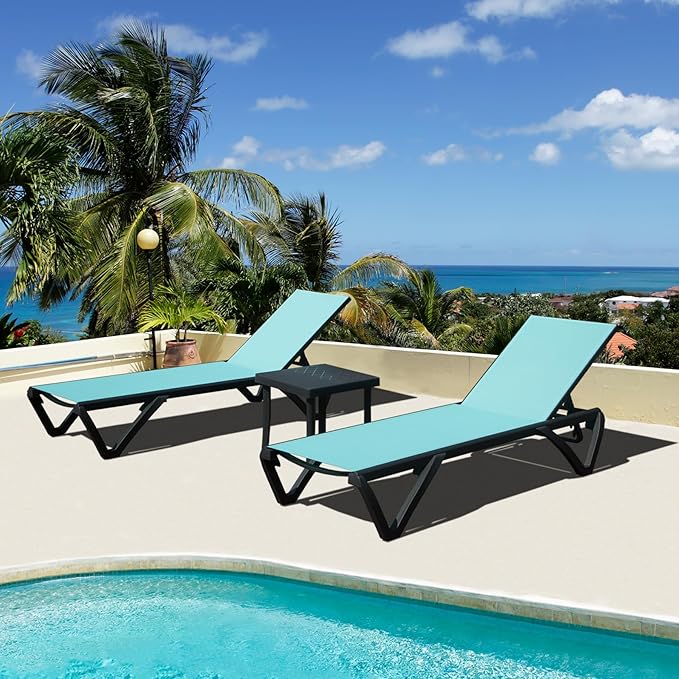 Domi Pool Lounge Chairs Set of 2 with Side Table, Aluminum Adjustable Outdoor Chaise Lounge with Wheels, All Weather Poolside Chairs for Deck Lawn Patio Backyard, Textilene- Turquoise Blue