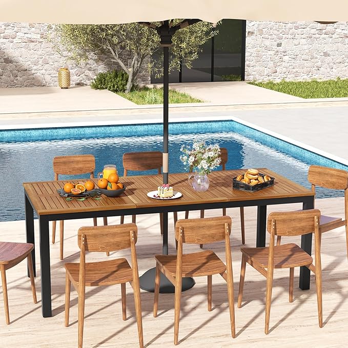 Tangkula 79" Acacia Wood Outdoor Dining Table for 8, Patio Table with Umbrella Hole, Metal Legs & Adjustable Foot Pads, Rectangular 8-Person Outside Table for Garden, Poolside & Backyard