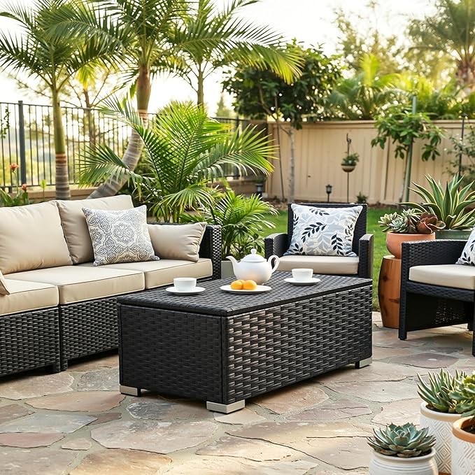 ONBRILL Outdoor Coffee Table with Storage, Rattan Storage Coffee Table with Internal Waterproof Bag, Low Side Table for Patio, Porch, Backyard, Poolside - Black