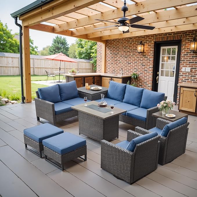 Belord Outdoor Sectional Sofa with 41" Propane Fire Pit Table - 9 Piece Patio Conversation Set with Storage Box and Swivel Rocker Chairs All-Weather PE Wicker Furniture Set Brown