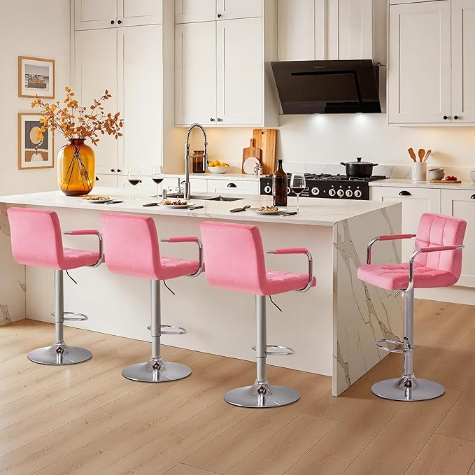 Yaheetech Bar Stools Set of 4, Velvet Fabric Swivel Barstools, Height Adjustable Counter Chairs, Modern Stools with Back for Bar Kitchen Island Dining Room, Pink
