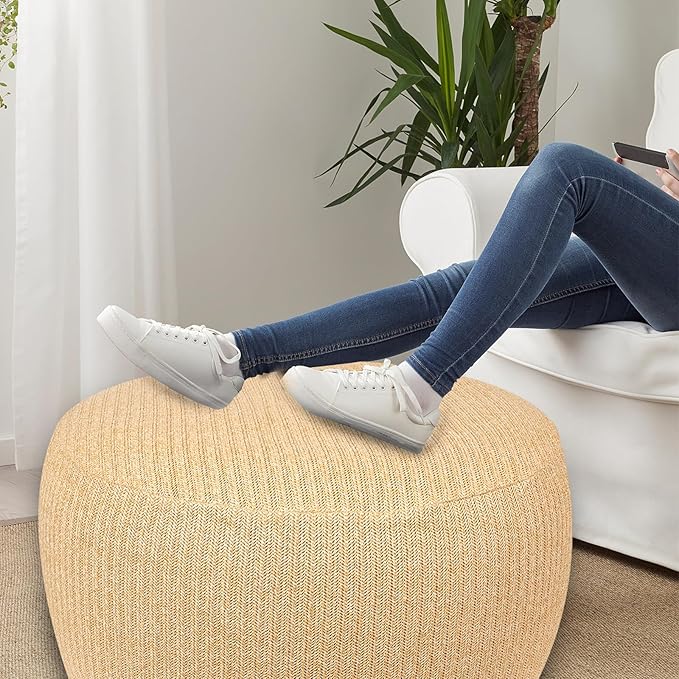Woven Inflatable Ottoman, Fade-Resistant D31”x H14” Outdoor Indoor Pouf Patio Footrest Stool with Portable Handle, Round Ottoman for Patio Garden, Camping, Bedroom, Living Room