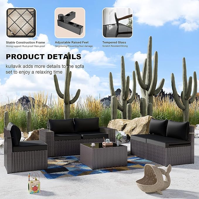 Kullavik Outdoor Patio Furniture Set,12 Pieces Sectional Rattan Sofa Set Brown PE Rattan Wicker Patio Conversation Set with 10 Seat Cushions and 2 Tempered Glass Coffee Table,Black