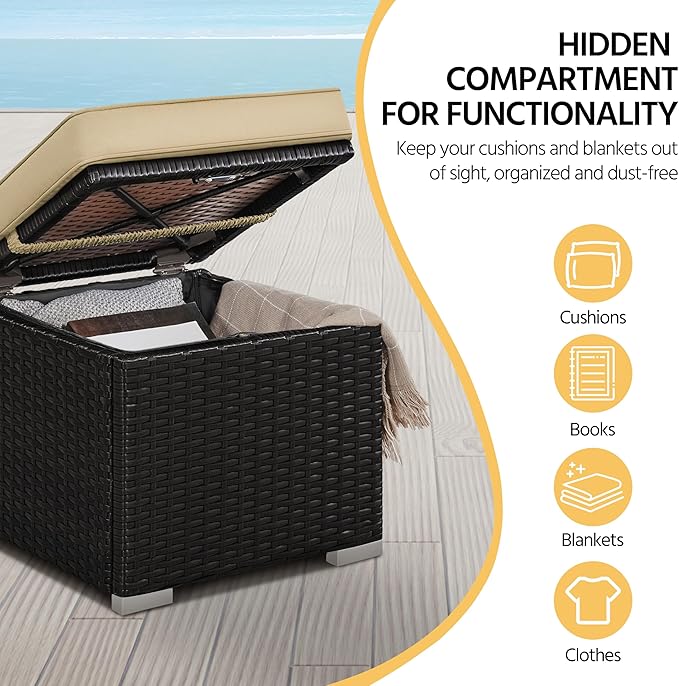 Yaheetech Wicker Ottomans, Set of 2 Patio PE Rattan Side Tables with Hidden Storage & Removable Cushion, Outdoor/Indoor Footstools, Additional Seating for Garden/Balcony/Yard, Brown/Khaki