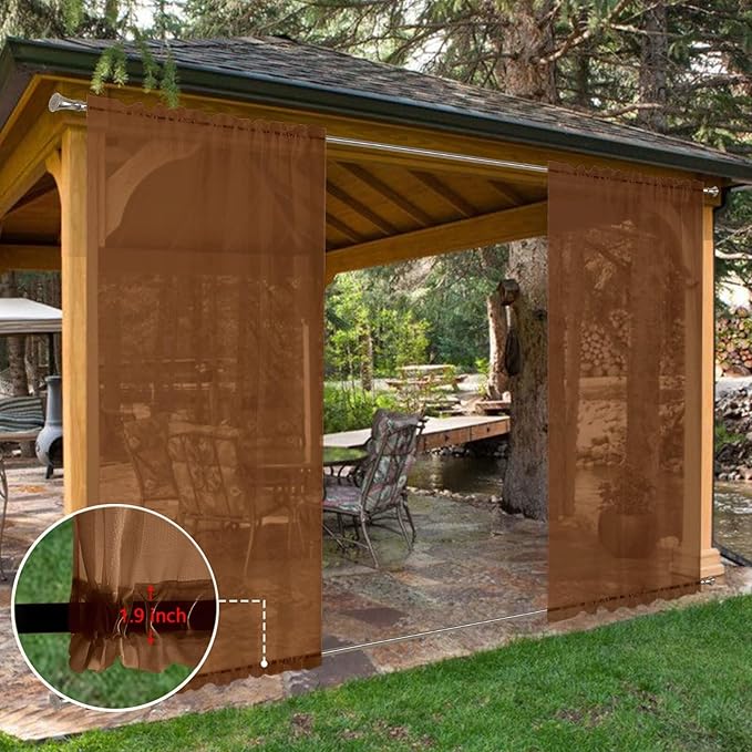SpaceDresser Waterproof Outdoor Sheer Curtains for Patio - 2 Panels Rod Pocket Indoor Voile Sheer Curtain for Living Room,52W x 120L inch,Brown