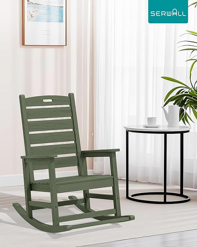 SERWALL Outdoor Rocking Chair Set of 2, Oversized Rocking Chair with Footboard for Adults, HDPE All Weather Resistant Rocking Chairs for Patio, 350lbs Weight Capacity,Avocado Green