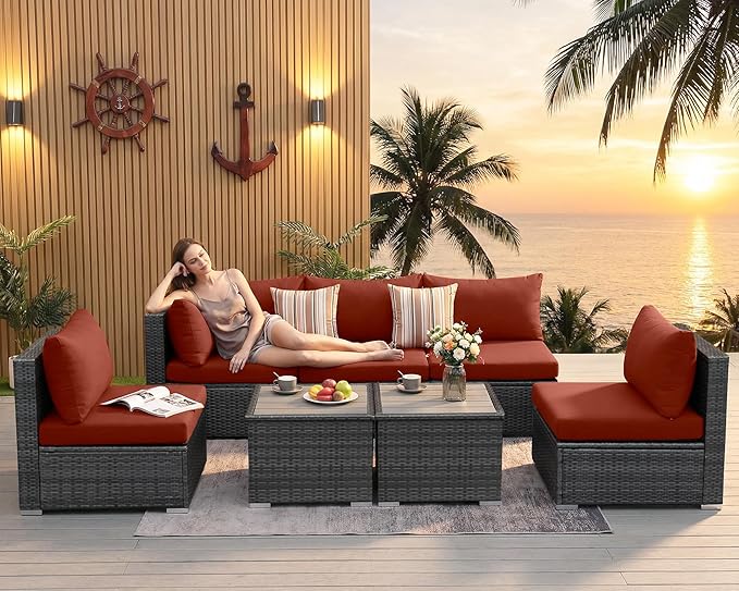 NICESOUL 7 Pieces Modern Luxury 29.3'' High Back Outdoor Furniture Sofa Set, Extra Large Size Grey PE Wicker Patio Modular Sectional with Tables, All-Weather Rattan Conversations for Backyard, Wine