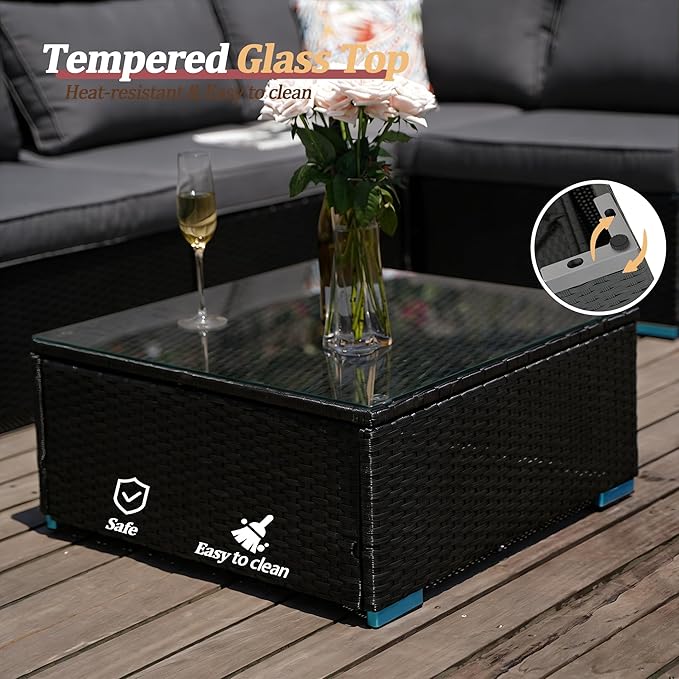 7 Piece Outdoor Patio Furniture Sets, Black Patio Sectional Furniture All-Weather PE Rattan Sectional Sofa, Outdoor Wicker Conversatin Set w Glass Coffee Table for Backyard, Garden, Porch