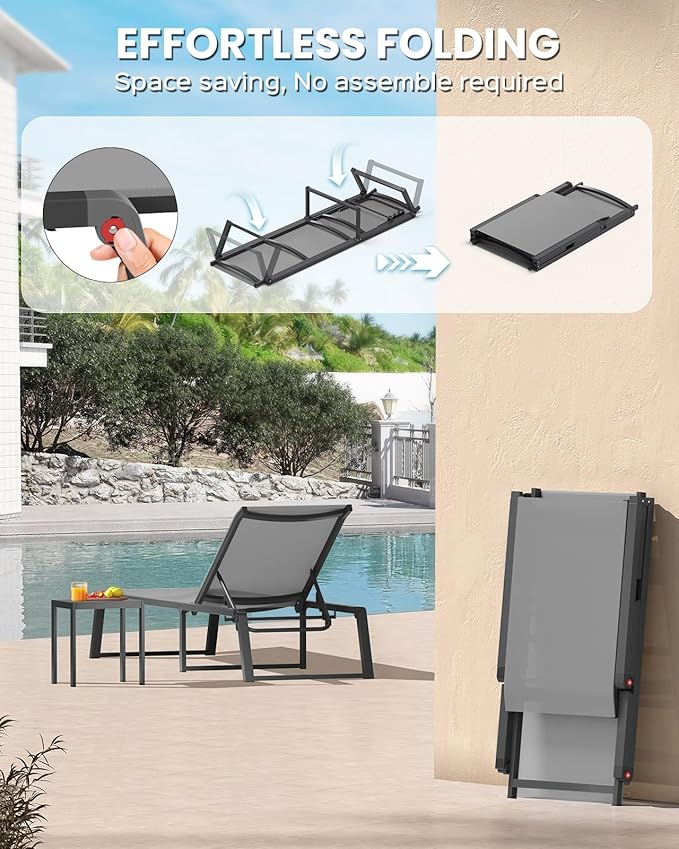 Aluminum Chaise Lounge Chair Outdoor, Foldable & No Assembly Pool Lounge Chairs 5-Position Recliner for Outside Poolside, Fully Grounded Legs Patio Sun Lounger for Pool, Beach, Yard, Dark Grey