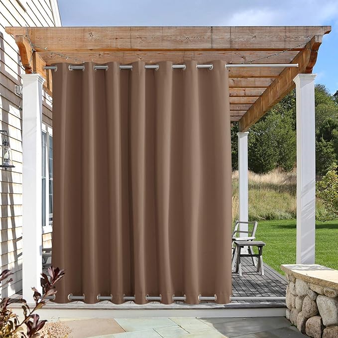NICETOWN Outdoor Patio Curtain Windproof and Waterproof, Grommet Top & Bottom Wind-Break Thermal Insulated Blackout Extra Wide Door Divider Blind for Gazebo/Front Porch, Tan, 1-Pack, W100 x L108