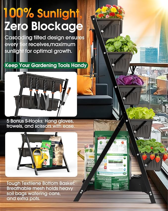 5-Tier Vertical Garden Bed Planter Boxes with Drainage System & Storage Space, Freestanding Vertical Garden Planter with 5 S-Hooks for Plants Vegetables Flowers Herbs in Garden Patio Yard