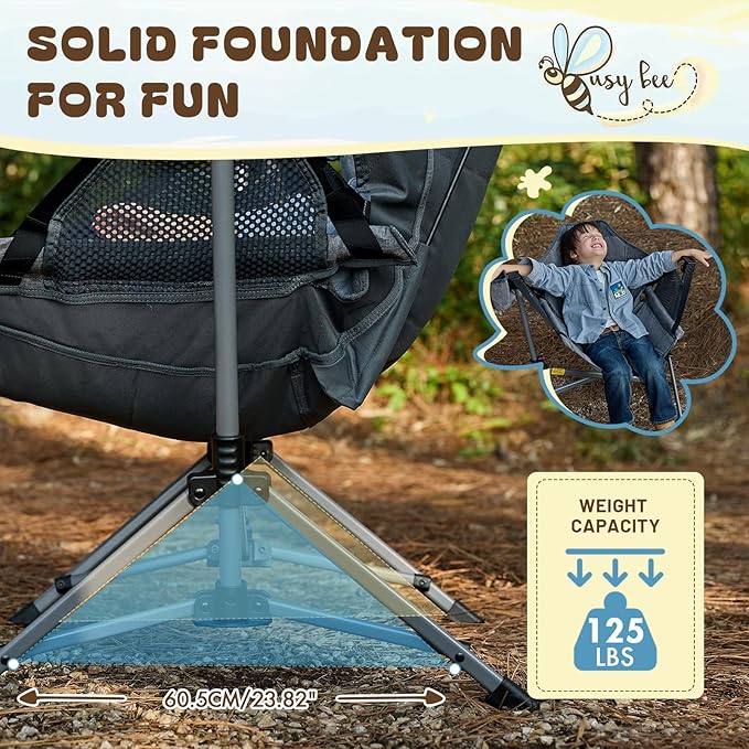 BusyBee Hammock Camping Chairs for Kids, Folding Kids Chair with Stand, Child Camping Gear, Hammock Swing Chair with Cup Holder & Carrying Bag for Outdoor, Lawn, Hiking, Indoor, Supports 125 LBS, Grey