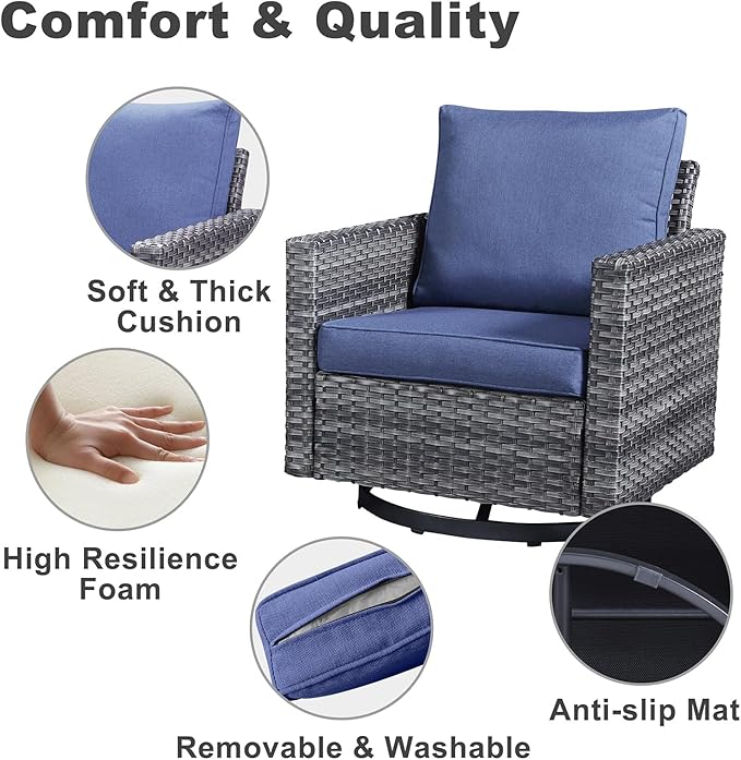 Belord Family Reunion Patio Conversation Set - 6 Piece Outdoor Sectional Furniture Set with Storage Box and Wicker Swivel Glider Chair Set of 2,Removable Blue Cushions for Deck Backyard Sunroom