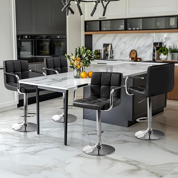 Yaheetech Bart Stools Set of 4, PU Leather Adjustable Barstools with Armrest, Counter Height Stool Chairs with Thickened Seat Cushion for Kitchen Island, Black