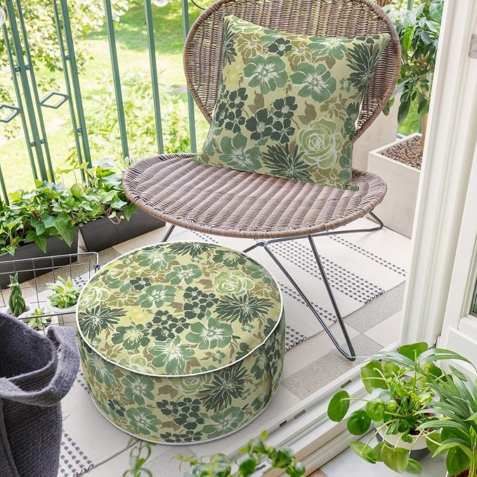 Inflatable Ottoman Stool D21 xH9 for Outdoor/Indoor Use, Water Repellent Patio Foot Rest with Portable Handle,Round Pouf Ottoman Suitable for Garden,Deck and Camping-Green Rose