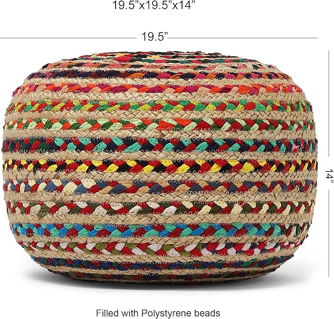 REDEARTH · Round Pouf Ottoman - Braided Boho Poof Home Décor Pouffe Accent Sitting Circular Foot Rest for Living Room, Bedroom, Nursery, Kidsroom, Lounge; Jute and Cotton (19.5"X19.5"X14"; Multi)