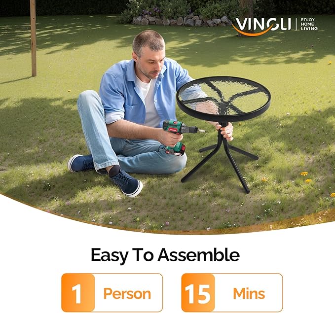 VINGLI Outdoor Side Table, 18" Patio Table Steel Frame Tempered Glass Top, Weatherproof Small Tables for Balcony Garden Poolside (Black, Round)