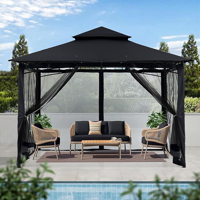 MASTERCANOPY Outdoor Garden Gazebo for Patios with Stable Steel Frame and Netting Walls (9x9,Black)