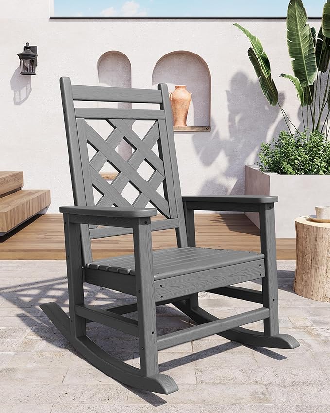 GarveeLife Outdoor Rocking Chair Set of 2, HDPE Weather Resistant Patio Rocking Chair Porch Rocker with Wood Texture & 380 LBS Support for Deck, Pool, Backyard, Gray